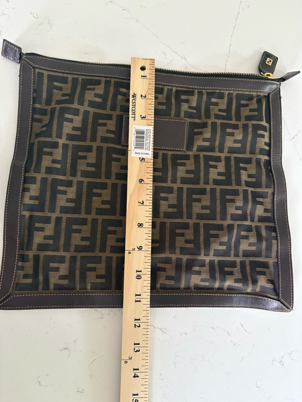 Fendi Brown FF Logo Canvas Pouch with brown leather trim - Picture 9 of 11